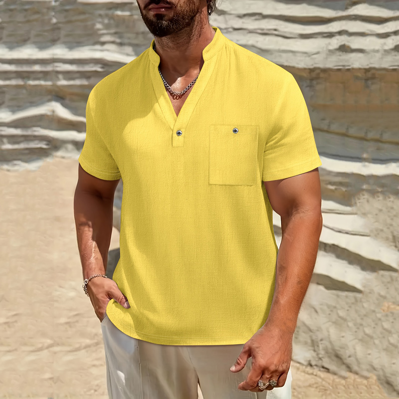 Men's Cotton Linen Henley Shir - Linen Shirt Breathable ulasan dan harga