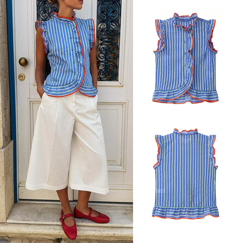 Women's blue vertical striped  - Shirt Camp Collar ulasan dan harga