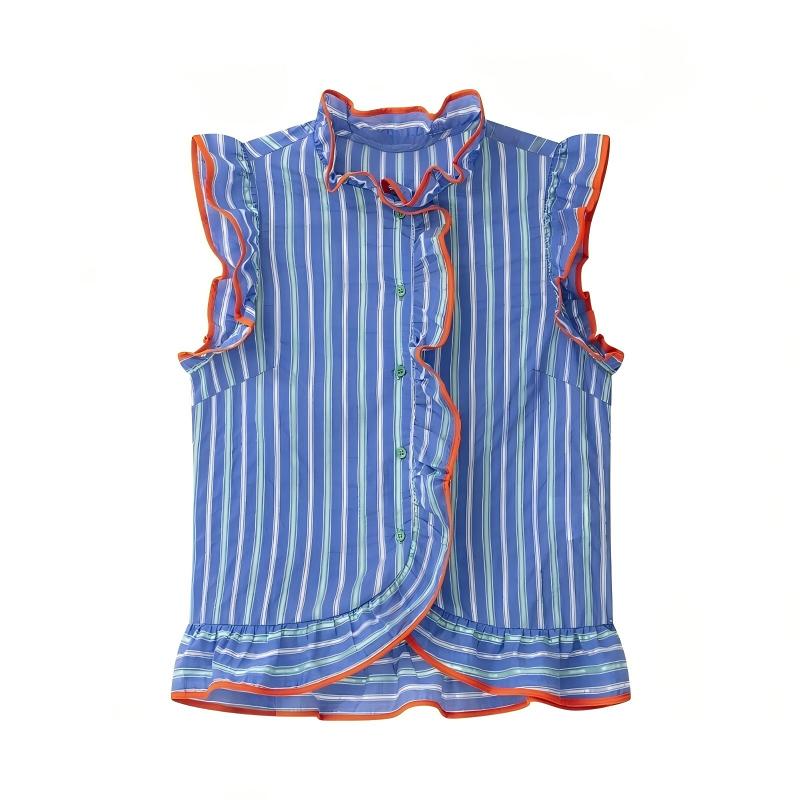Women's blue vertical striped  - Shirt Camp Collar ulasan dan harga