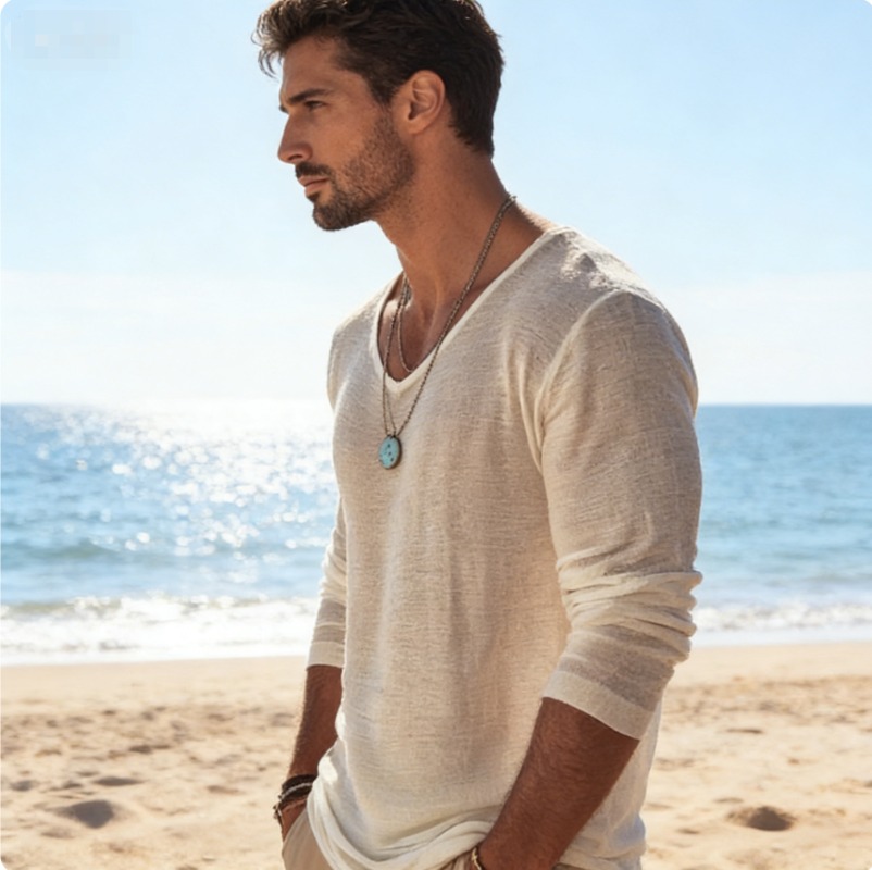 Men's Casual V-Neck Linen Blen - Linen Shirt Breathable ulasan dan harga